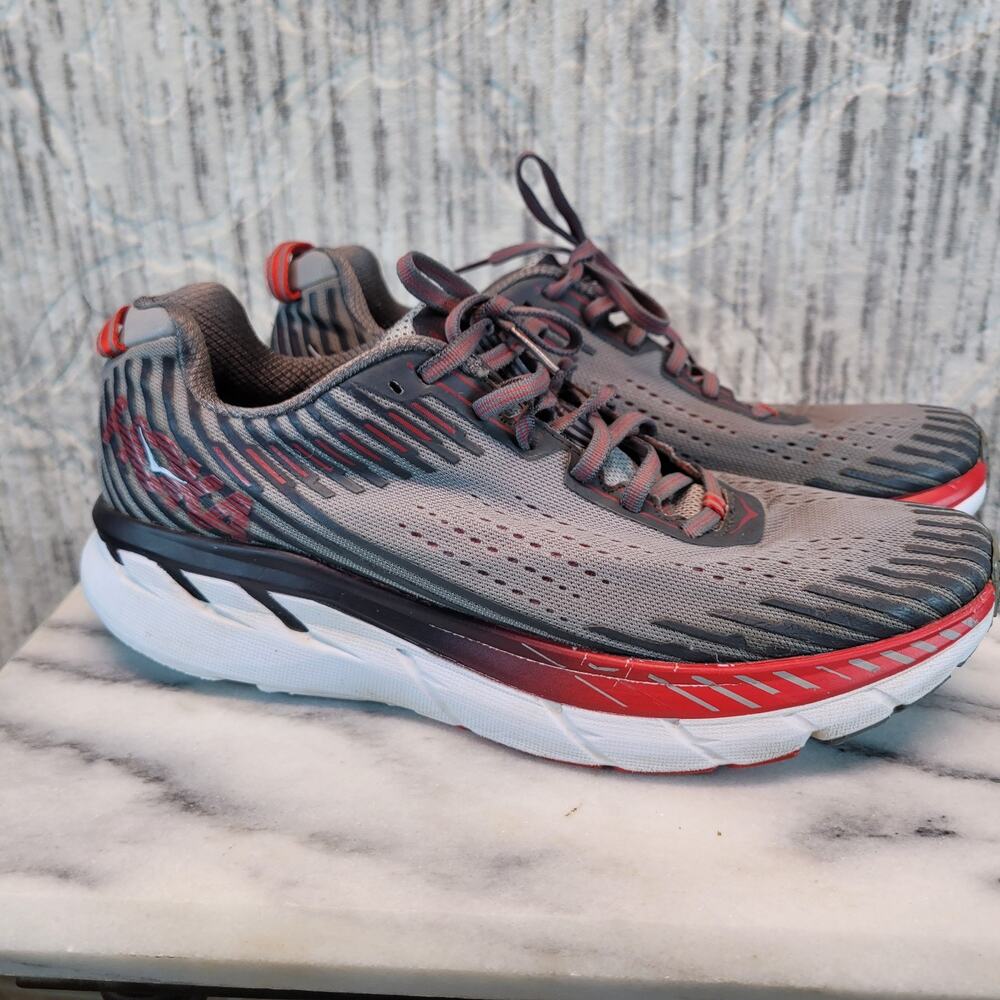 Hoka One One Clifton 5 Alloy/Steel Gray And Red Size 10 Men's - Picture 2 of 10